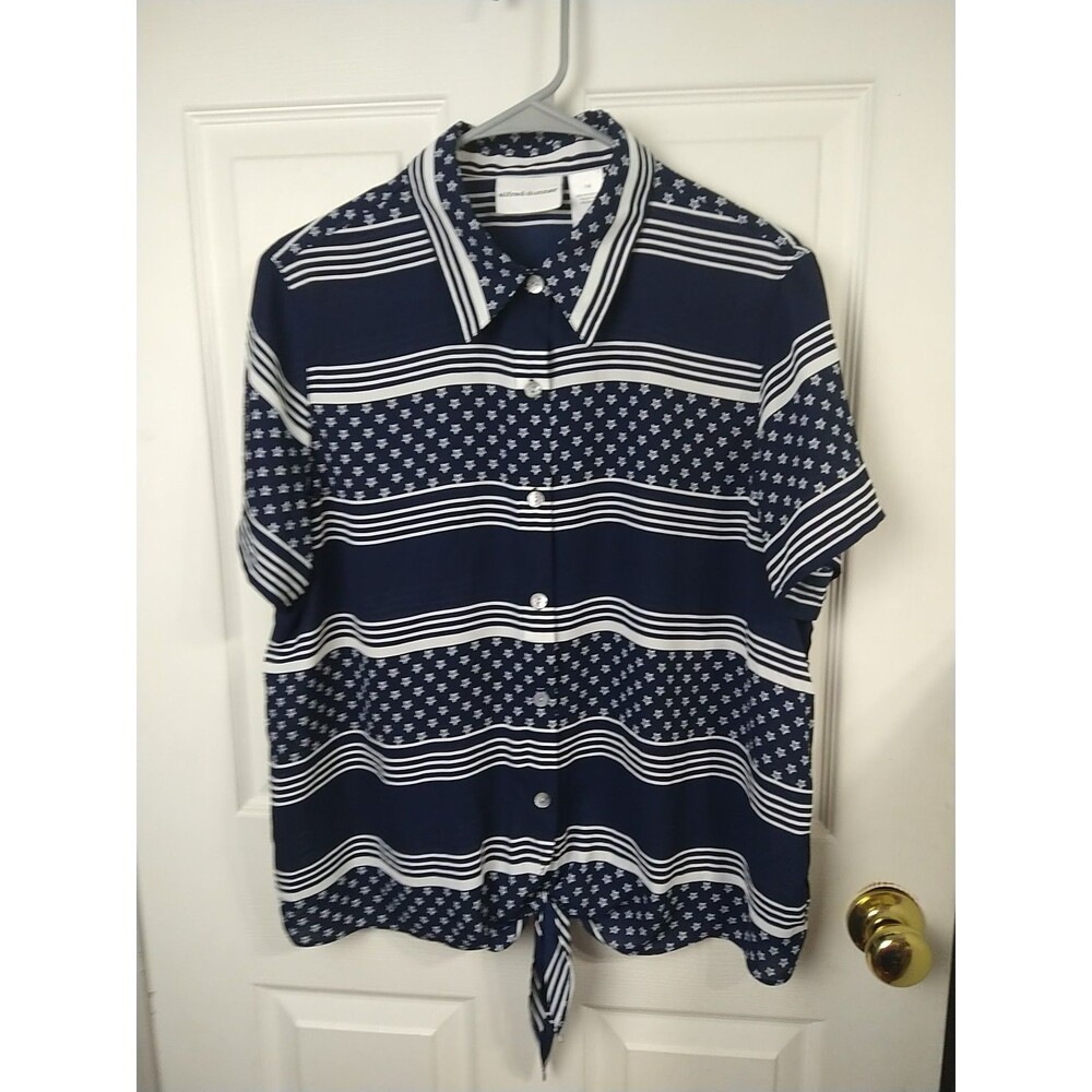 Alfred Dunner Woman 14 Shirt Semi Sheer Blue Stripe/Star Patriotic Button Tie